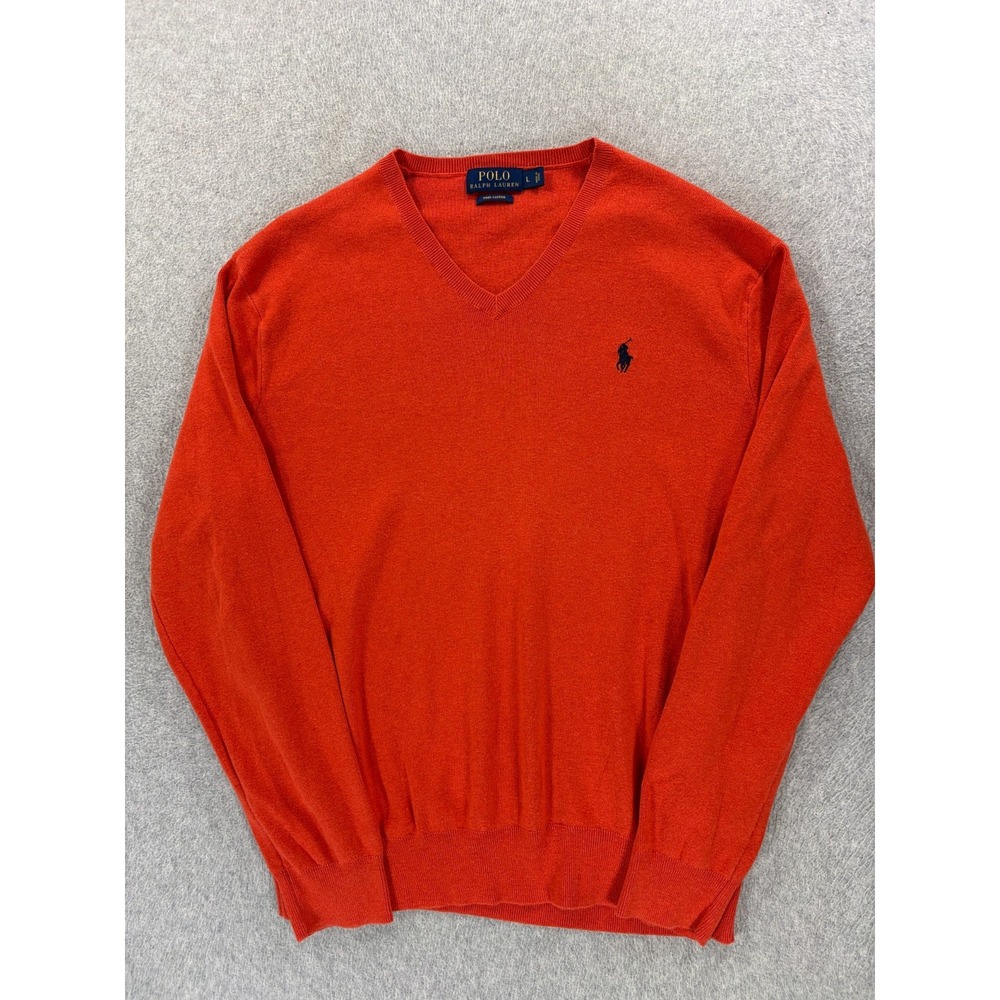 Polo Ralph Lauren Pima Cotton V Neck Stitched Logo Sweater (Men's Large) Orange